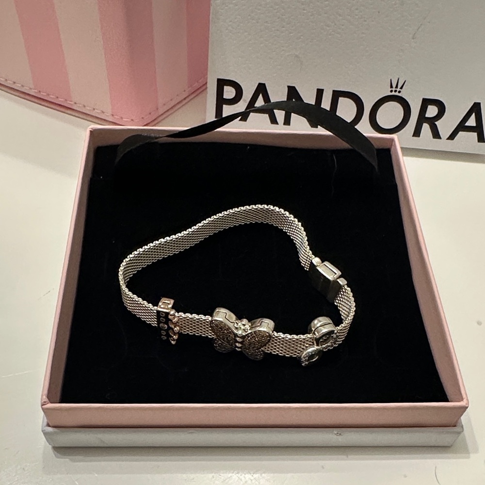Pandora Silver Snake Bone Bracelet with 3 Charms (Butterfly, Crown and Heart)